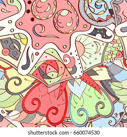 Tracery seamless pattern. Mehndi design. Ethnic colorful doodle texture. Curved doodling background. Vector