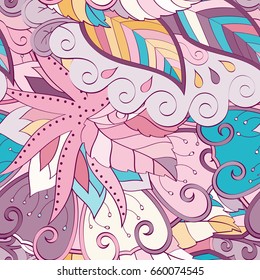 Tracery seamless pattern. Mehndi design. Ethnic colorful doodle texture. Curved doodling background. Vector