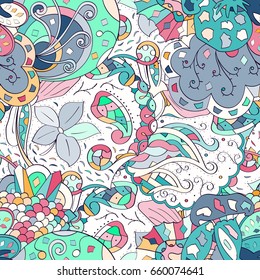 Tracery seamless pattern. Mehndi design. Ethnic colorful doodle texture. Curved doodling background. Vector