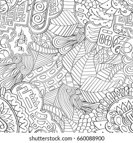Tracery seamless pattern. Mehndi design. Ethnic monochrome binary doodle texture. Curved doodling black and white background. Vector