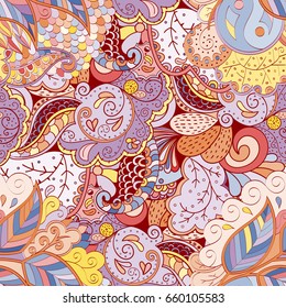Tracery seamless pattern. Mehndi design. Ethnic colorful doodle texture. Curved doodling background. Vector