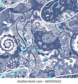 Tracery seamless pattern. Mehndi design. Ethnic colorful doodle texture. Curved doodling background. Vector