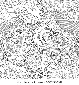 Tracery seamless pattern. Mehndi design. Ethnic monochrome binary doodle texture. Curved doodling black and white background. Vector