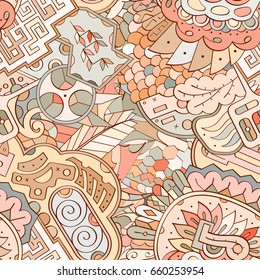 Tracery seamless pattern. Mehndi design. Ethnic colorful doodle texture. Curved doodling background. Vector