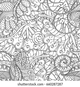 Tracery seamless pattern. Mehndi design. Ethnic monochrome binary doodle texture. Curved doodling black and white background. Vector