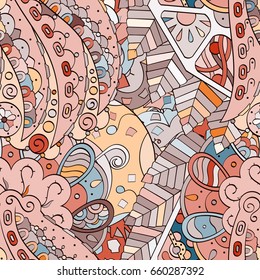 Tracery seamless pattern. Mehndi design. Ethnic colorful doodle texture. Curved doodling background. Vector