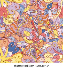 Tracery seamless pattern. Mehndi design. Ethnic colorful doodle texture. Curved doodling background. Vector