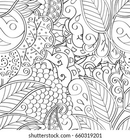 Tracery seamless pattern. Mehndi design. Ethnic monochrome binary doodle texture. Curved doodling black and white background. Vector