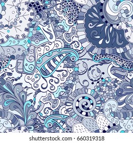 Tracery seamless pattern. Mehndi design. Ethnic colorful doodle texture. Curved doodling background. Vector