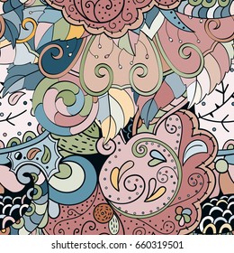 Tracery seamless pattern. Mehndi design. Ethnic colorful doodle texture. Curved doodling background. Vector