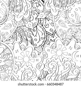 Tracery seamless pattern. Mehndi design. Ethnic monochrome binary doodle texture. Curved doodling black and white background. Vector