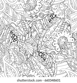 Tracery seamless pattern. Mehndi design. Ethnic monochrome binary doodle texture. Curved doodling black and white background. Vector