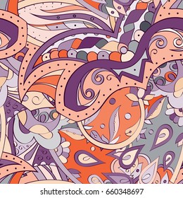 Tracery seamless pattern. Mehndi design. Ethnic colorful doodle texture. Curved doodling background. Vector