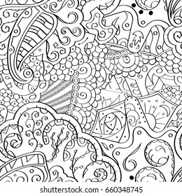Tracery seamless pattern. Mehndi design. Ethnic monochrome binary doodle texture. Curved doodling black and white background. Vector