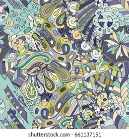 Tracery seamless pattern. Mehndi design. Ethnic colorful doodle texture. Curved doodling background. Vector