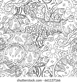 Tracery seamless pattern. Mehndi design. Ethnic monochrome binary doodle texture. Curved doodling black and white background. Vector