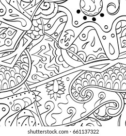 Tracery seamless pattern. Mehndi design. Ethnic monochrome doodle texture. Curved doodling black and white background. Vector