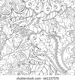 Tracery seamless pattern. Mehndi design. Ethnic monochrome doodle texture. Curved doodling black and white background. Vector