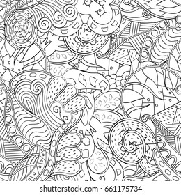 Tracery seamless pattern. Mehndi design. Ethnic monochrome binary doodle texture. Curved doodling black and white background. Vector