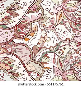 Tracery seamless pattern. Mehndi design. Ethnic colorful doodle texture. Curved doodling background. Vector