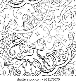 Tracery seamless pattern. Mehndi design. Ethnic monochrome binary doodle texture. Curved doodling black and white background. Vector