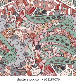 Tracery seamless pattern. Mehndi design. Ethnic colorful doodle texture. Curved doodling background. Vector