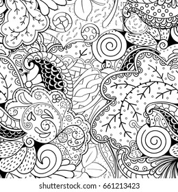 Tracery seamless pattern. Mehndi design. Ethnic monochrome binary doodle texture. Curved doodling black and white background. Vector