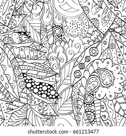 Tracery seamless pattern. Mehndi design. Ethnic monochrome binary doodle texture. Curved doodling black and white background. Vector