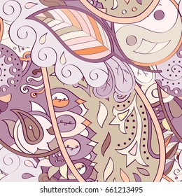 Tracery seamless pattern. Mehndi design. Ethnic colorful doodle texture. Curved doodling background. Vector