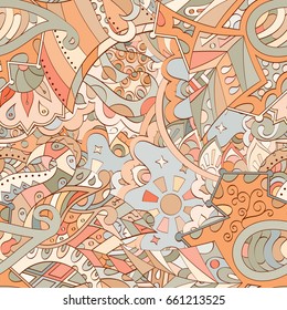 Tracery seamless pattern. Mehndi design. Ethnic colorful doodle texture. Curved doodling background. Vector