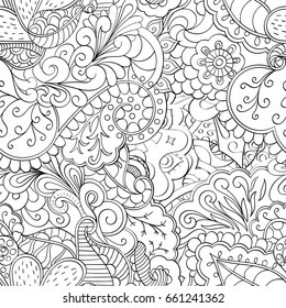 Tracery seamless pattern. Mehndi design. Ethnic monochrome binary doodle texture. Curved doodling black and white background. Vector