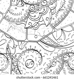 Tracery seamless pattern. Mehndi design. Ethnic monochrome binary doodle texture. Curved doodling black and white background. Vector