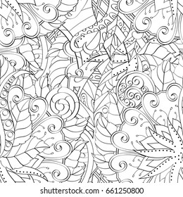 Tracery seamless pattern. Mehndi design. Ethnic monochrome binary doodle texture. Curved doodling black and white background. Vector