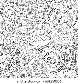 Tracery seamless pattern. Mehndi design. Ethnic monochrome binary doodle texture. Curved doodling black and white background. Vector