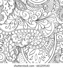 Tracery seamless pattern. Mehndi design. Ethnic monochrome binary doodle texture. Curved doodling black and white background. Vector