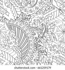 Tracery seamless pattern. Mehndi design. Ethnic monochrome binary doodle texture. Curved doodling black and white background. Vector