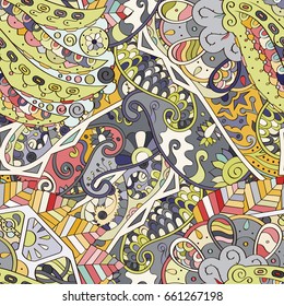 Tracery seamless pattern. Mehndi design. Ethnic colorful doodle texture. Curved doodling background. Vector