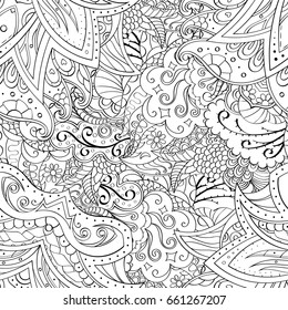 Tracery seamless pattern. Mehndi design. Ethnic monochrome binary doodle texture. Curved doodling black and white background. Vector