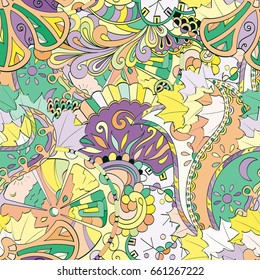 Tracery seamless pattern. Mehndi design. Ethnic colorful doodle texture. Curved doodling background. Vector