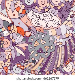 Tracery seamless pattern. Mehndi design. Ethnic colorful doodle texture. Curved doodling background. Vector