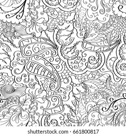 Tracery seamless pattern. Mehndi design. Ethnic monochrome binary doodle texture. Curved doodling black and white background. Vector