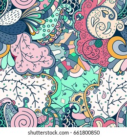 Tracery seamless pattern. Mehndi design. Ethnic colorful doodle texture. Curved doodling background. Vector