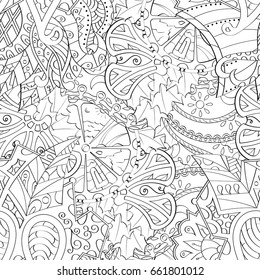 Tracery seamless pattern. Mehndi design. Ethnic monochrome binary doodle texture. Curved doodling black and white background. Vector