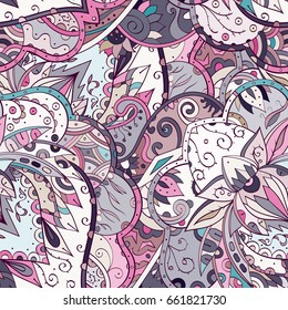 Tracery seamless pattern. Mehndi design. Ethnic colorful doodle texture. Curved doodling background. Vector