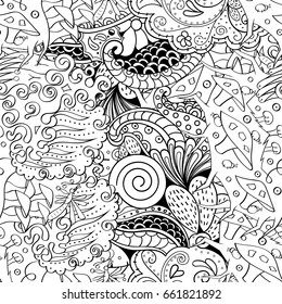 Tracery seamless pattern. Mehndi design. Ethnic monochrome binary doodle texture. Curved doodling black and white background. Vector