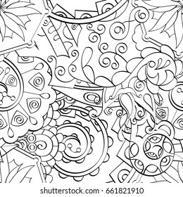 Tracery seamless pattern. Mehndi design. Ethnic monochrome binary doodle texture. Curved doodling black and white background. Vector