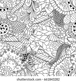 Tracery seamless pattern. Mehndi design. Ethnic monochrome binary doodle texture. Curved doodling black and white background. Vector