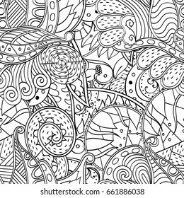 Tracery seamless pattern. Mehndi design. Ethnic monochrome binary doodle texture. Curved doodling black and white background. Vector
