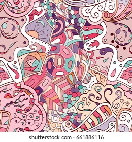 Tracery seamless pattern. Mehndi design. Ethnic colorful doodle texture. Curved doodling background. Vector