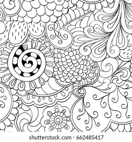 Tracery seamless pattern. Mehndi design. Ethnic monochrome binary doodle texture. Curved doodling black and white background. Vector